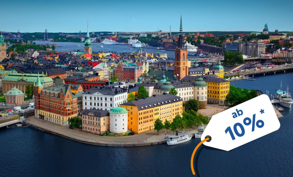 Stadtansicht von Stockholm mit einem Rabattindikator