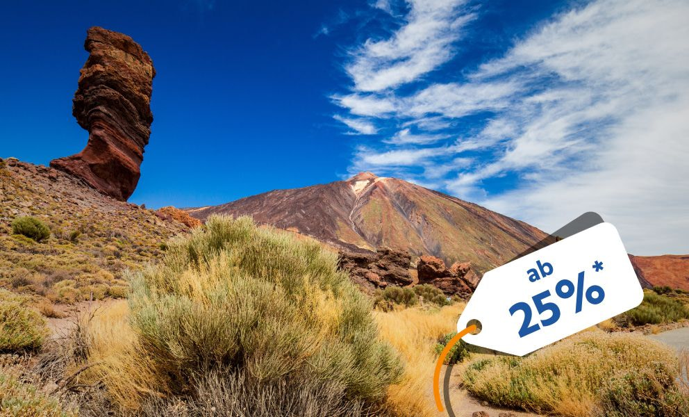 Landschaftsansicht von Teneriffa mit einem Rabattindikator
